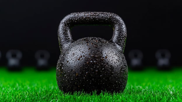 A kettlebell on grass with black water droplets photo