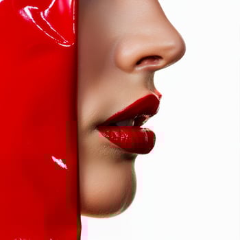 Beauty portrait of fashion model with red lipstick and red hood photo