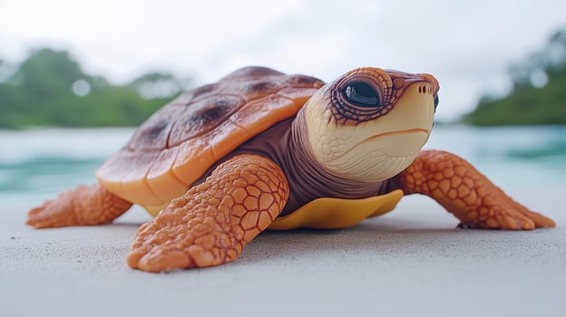 A realistic close-up of a toy turtle on a sandy beach with a blurred ocean background, perfect for beach-themed decor and educational materials. photo