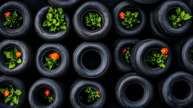 Colorful flowers blooming in recycled black tires arranged in a striking vertical garden display photo