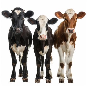Three cows standing and looking forward on white background photo