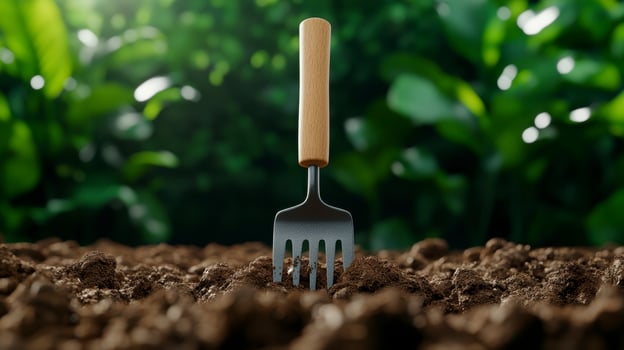 Gardening fork resting in freshly turned soil with lush green plants in the background, symbolizing cultivation and growth photo