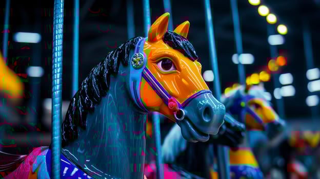 A colorful carousel horse head close-up captured in vibrant light, highlighting playful nostalgia of amusement parks photo