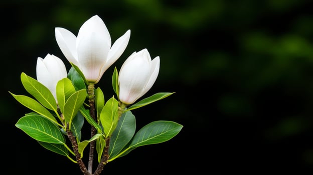 Delicate white magnolia flowers blooming on a slender branch against a blurred dark green background showcasing nature's beauty photo