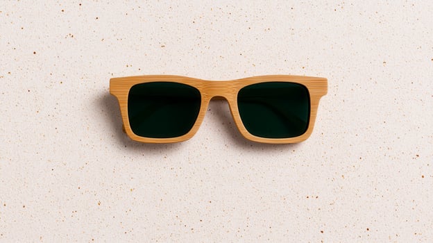 Stylish bamboo sunglasses neatly placed on a textured beige background, showcasing modern eco-friendly fashion. photo