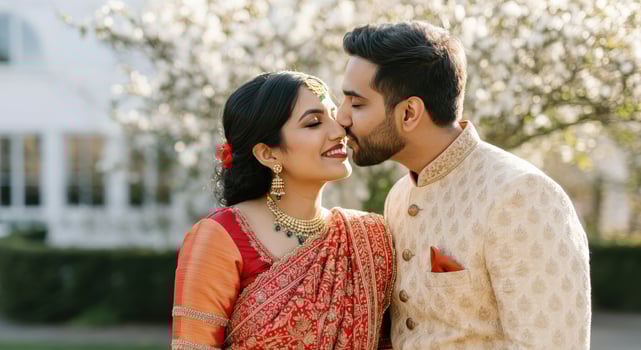 Indian couple in traditional attire celebrating love in springtime garden setting photo