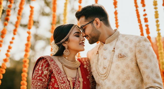 Romantic indian wedding couple in traditional attire with floral backdrop photo