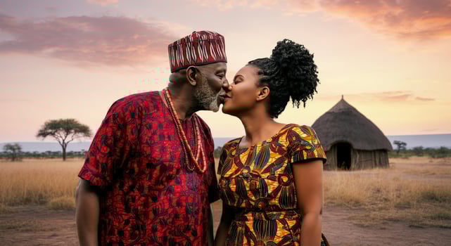 Generational connection in traditional african attire at sunset in cultural landscape photo