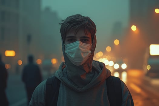 person in protective face mask with neutral expression, casual attire, and hazy urban background creates contemplative mood photo