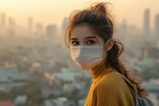 person wearing protective mask with neutral expression hazy urban setting, showcasing soft color tones and blurred buildings photo