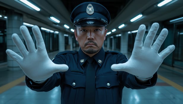 Transit police officer with white gloves signaling stop photo