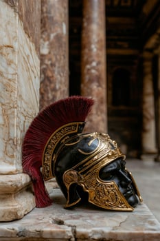 Ancient Roman helmet with red plume rests on marble photo