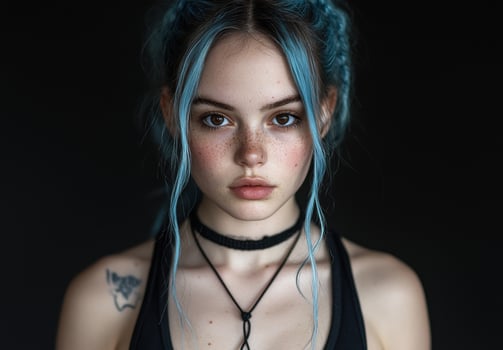 Portrait of a cute woman with blue hair. photo