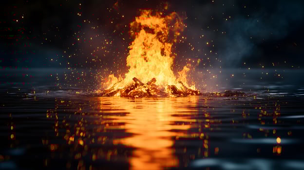 Mesmerizing campfire flames dance with perfect reflection on water, sparks illuminate dark night sky, creating mystical ambiance with vibrant orange and yellow hues. ember photo
