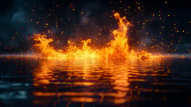 Mesmerizing campfire flames dance with perfect reflection on water, sparks illuminate dark night sky, creating mystical ambiance with vibrant orange and yellow hues. radiant photo