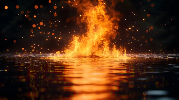Mesmerizing campfire flames dance with perfect reflection on water, sparks illuminate dark night sky, creating mystical ambiance with vibrant orange and yellow hues. flames photo