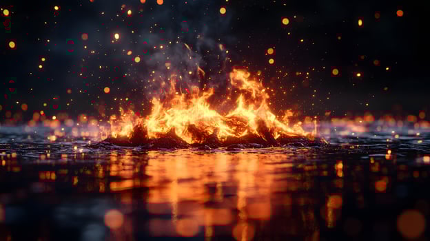 Mesmerizing campfire flames dance with perfect reflection on water, sparks illuminate dark night sky, creating mystical ambiance with vibrant orange and yellow hues. reflection photo