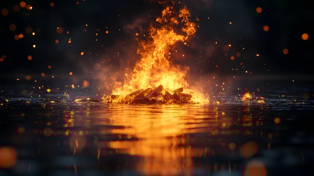 Mesmerizing campfire flames dance with perfect reflection on water, sparks illuminate dark night sky, creating mystical ambiance with vibrant orange and yellow hues. mystical photo