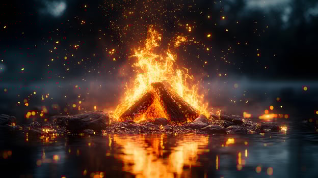Mesmerizing campfire flames dance with perfect reflection on water, sparks illuminate dark night sky, creating mystical ambiance with vibrant orange and yellow hues. vibrant photo