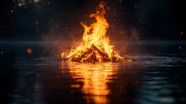 Mesmerizing campfire flames dance with perfect reflection on water, sparks illuminate dark night sky, creating mystical ambiance with vibrant orange and yellow hues. yellow photo
