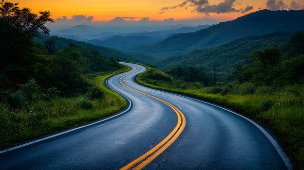 Scenic mountain road curves through rolling hills at sunset, golden sky and dramatic clouds create cinematic landscape with perfect perspective. turning photo