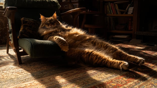 Relaxed Longhair Ginger Cat Napping in Armchair Sunlit Room photo