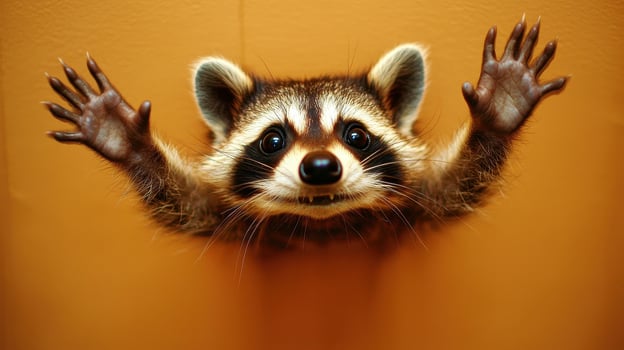 Playful Raccoon Reaching Through Hole Cute Wildlife Animal Portrait Funny Mammal photo