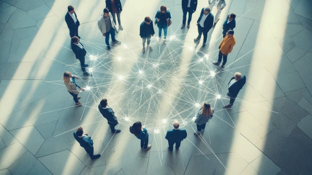 Business people standing in a circle with a network photo
