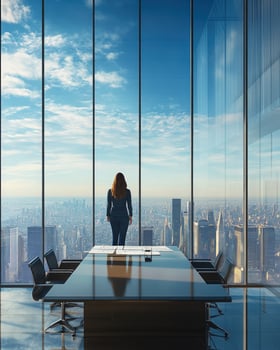 A woman standing in front of a large window looking out over a city photo
