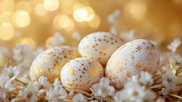 Easter eggs with gold speckles nestled in white flowers and straw, creating a festive still life photo