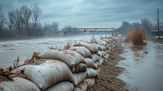 Sandbags protecting river bank from flooding during storm.. photo