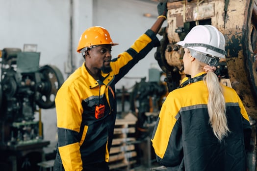 professional engineer worker talking meeting together brake relax in metal workshop photo