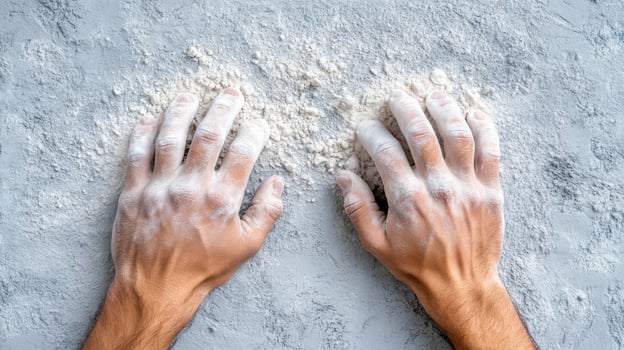 Hands of a man with flour on a white background photo