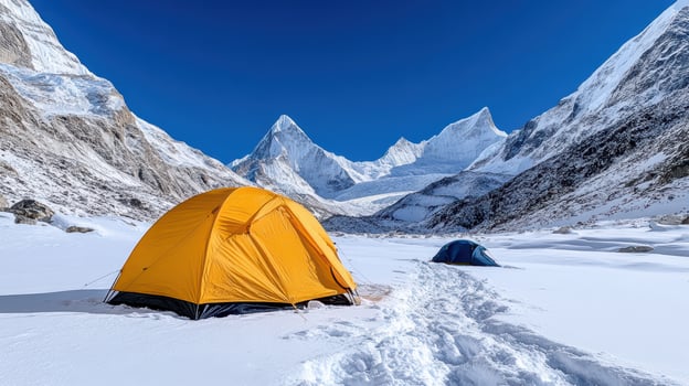 Two tents are set up on the snow covered ground photo