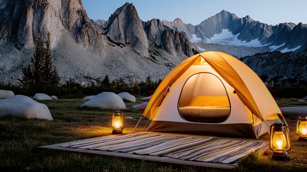 A tent is lit up in front of a mountain photo
