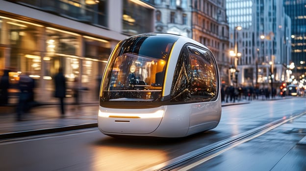 A futuristic electric vehicle driving down a city street photo