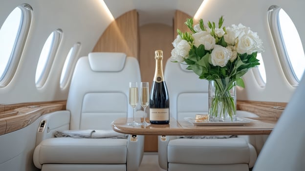 A champagne bottle and flowers are on the table in the back of a private jet photo