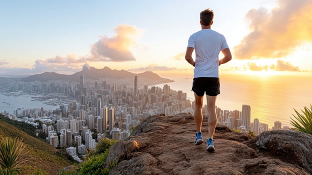 runner pauses at top of hill to admire sunset over city photo