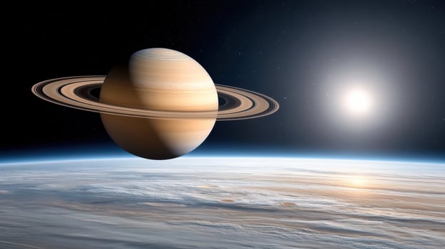 spacecraft flying near Saturn rings, showcasing stunning cosmic beauty photo