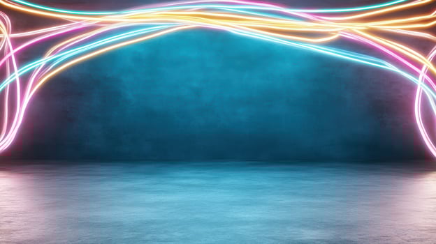 Bright neon wires glow against textured blue background, creating abstract scene photo