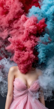 Woman in pink dress obscured by colorful smoke photo