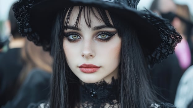Mysterious woman in black hat and lace photo