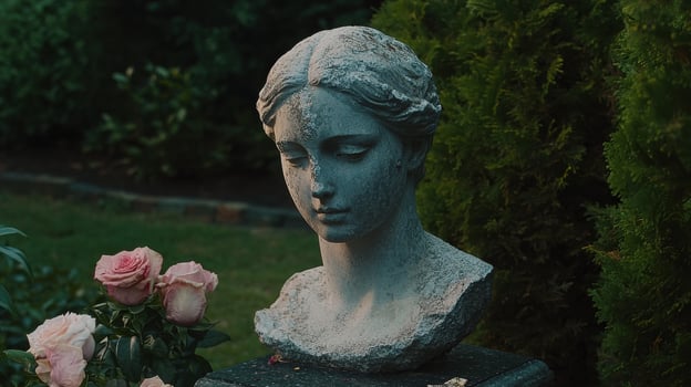 Serene stone bust of a woman in a garden setting photo