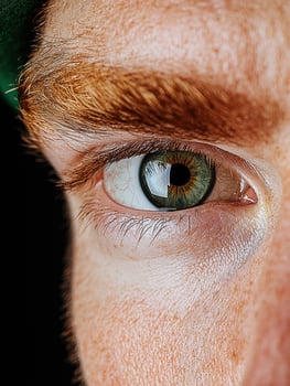 Close up of a mans green eye with freckles photo