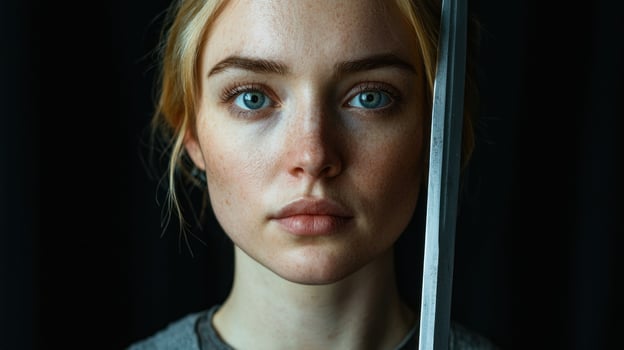Close up portrait of a young woman with freckles and blue eyes, a sword positioned beside her face photo