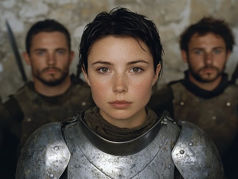 Female warrior in medieval armor stands defiantly between two soldiers photo
