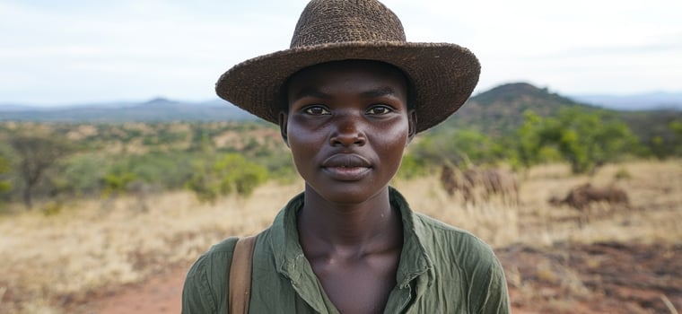 Young woman in hat looking at camera in rural landscape photo