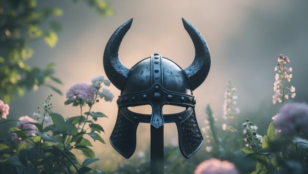 Serene Floral Scene with a Viking Helm Silhouette. photo