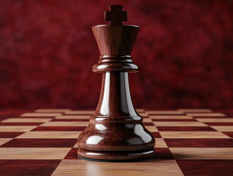Dark brown chess king piece on a wooden chessboard photo