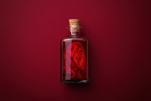 Red liquid in a glass bottle with a cork stopper photo